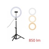 LED kruhové selfie světlo se stativem a držákem na mobilní telefon, 25,5cm